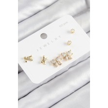 Pirinç Zirkon Taşlı Fiyonk Model Gold Renk 925 Ayar Gümüş Çivi Kadın Küpe Set