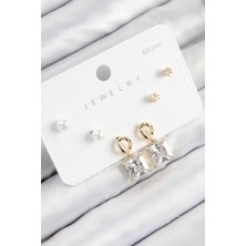 Pirinç Zirkon Taşlı Sallantılı Kare Model Gold Renk 925 Ayar Gümüş Çivi Kadın Küpe Set
