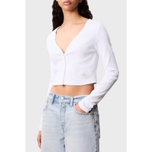 Calvin Klein Pamuklu Fitted Fit V Yaka Fitilli Kısa Hırka LV047C204GYAA Bayan Hırka LV047C204G Yaa