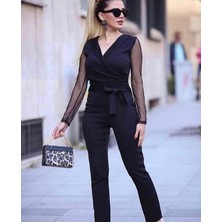 Asyahsap Krep Kumaş Kol Tül Puan Detaylı Kuşaklı Tulum 141 cm