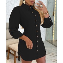 Asyahsap Kadın Uzun Kollu Gömlek Yaka Önden Düğmeli Yanlardan Büzgülü Kısa Aerobin Elbise