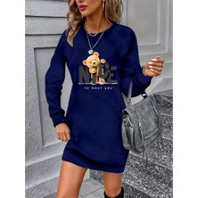 Asyahsap Kadın Uzun Kollu Bisiklet Yaka Ayı Desenli Viskon Iki Iplik Elbise