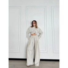 Asyahsap Uzun Kollu Önü Ip Büzgülü  Crop ve Pantolon Ikili Takım - Gri