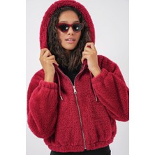 Asyahsap 5193 Kapüşonlu Peluş Crop Ceket - Bordo