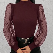 Asyahsap Kadın Uzun Kollu Tül Detaylı Yarım Balıkçı Yaka Kaşkorse Bluz