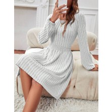 Asyahsap Kadın Uzun Kollu Bisiklet Yaka Beli Lastikli Şardonlu Kaşkorse Mini Elbise
