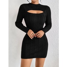 Asyahsap Kadın Uzun Kollu Yarı Balıkçı Yaka Pencere Göğüs Detay Mini Triko Elbise