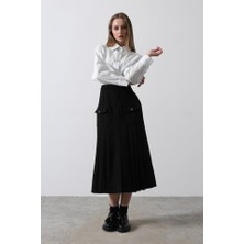 Asyahsap Pileli Kontrast Gömlek Elbise - Beyaz