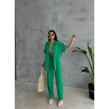 Asyahsap Omuz Midye Sıralı Bluz - Paça Pensli Pantolon Takım - Yeşil