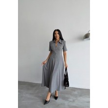 Asyahsap Polyviskon Elbise Kısa Kol Yaka ve Fermuar Detaylı - Gri