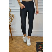 Kadın Siyah Parlak Şardonlu Dalgıç Kumaş, Lastik Bel, Siyah Tayt