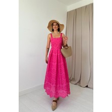 Asyahsap Fuşya Askılı Aparatlı Brode Elbise