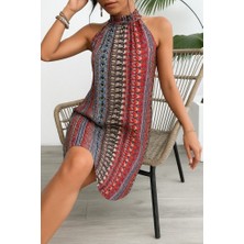 Asyahsap Kadın Kolsuz Boyundan Askılı Desenli Midi Süprem Elbise