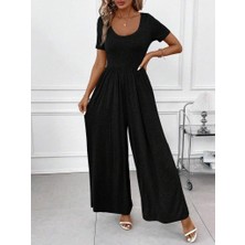 Asyahsap Kadın Kısa Kollu Yuvarlak Yaka Geniş Paçalı Bürümcük Tulum