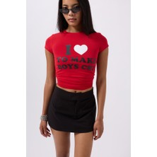 Asyahsap Nakış Detay Baskılı Crop T-Shirt