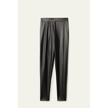 Kadın Yüksek Bel Toparlayıcı Ince Mat Deri Tayt - Siyah