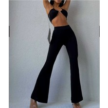 Kadın Siyah Yüksek Bel Toparlayıcı Ispanyol Paça Scuba Dalgıç Kumaş Tayt Pantolon