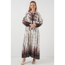 Kadın Desenli Uzun Tesettür Elbise 2585 - A.kırmızı