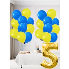5 Yaş Sarı Lacivert Taraftar Temalı Doğum Günü Seti Sarı Lacivert Balonlar Altın Folyo Rakam