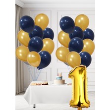 1 Yaş Sarı Lacivert Taraftar Temalı Doğum Günü Seti Altın Kozmik Lacivert Balonlar Altın Folyo Rakam