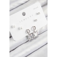 Pirinç Zirkon Taşlı Sallantılı Kare Model Gümüş Renk 925 Ayar Gümüş Çivi Kadın Küpe Set - TJ-BKP11161