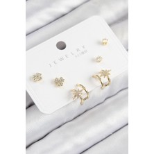 Pirinç Zirkon Taşlı Kutup Yıldızı Model Gold Renk 925 Ayar Gümüş Çivi Kadın Küpe Set