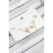 Pirinç Zirkon Taşlı Kelebek Model Gold Renk 925 Ayar Gümüş Çivi Kadın Küpe Set