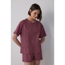 Bordo Freya Ekose Pamuklu Bisiklet Yaka Kısa Kollu Şortlu Pijama Takımı