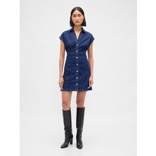 Gap Kadın Koyu Mavi Denim Seamed Mini Elbise