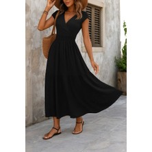 Gökyüzü Moda Kadın Kısa Kollu Kruvaze Yaka Beli Lastikli Süprem Maksi Boy Elbise