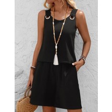 Nidam Butik Kadın Askılı Yuvarlak Yaka Kuş Gözü Detaylı Bürümcük Bluz ve Short Ikili Takım