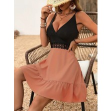 Gökyüzü Moda Kadın Ip Askılı Kruvaze Yaka Bel Dantel Ithal Krep Elbise