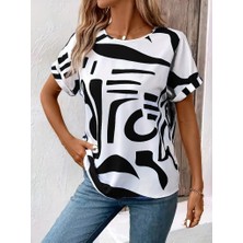 Mç Plus Kadın Kısa Kollu Yuvarlak Yaka Desenli Süprem Bluz