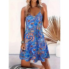 Arben Boutique Kadın Ip Askılı V Yakalı Desenli Kısa Süprem Mini Elbise