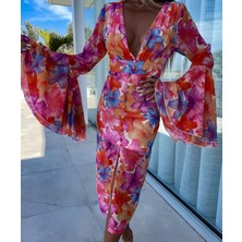 Gökyüzü Moda Kadın Göğüs Dekolteli Kolları Volan Detay Astarlı Tül Elbise