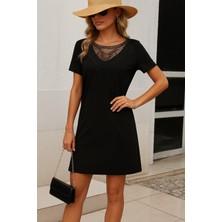 Gökyüzü Moda Kadın Kısa Kollu Dantel Yakalı Kısa Viskon Elbise