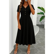 Gökyüzü Moda Kadın Kısa Kollu V Yakalı Önden Düğmeli Yırtmaçlı Midi Viskon Elbise