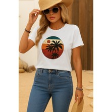 Alinn Butikk Kadın Kısa Kollu Palmiye Baskılı Viskon T-Shirt