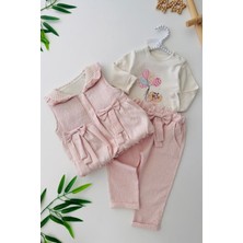 Miniğimin Cicileri Cepleri Fiyonk Detaylı Jakarlı Kız Bebe Şişme yelekli takım - Pudra