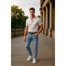 Blue White Erkek Skinny Fit Düşük Bel Dar Kesim Dar Paça Likralı Mavi Jean Pantolon