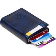 Tuldar Erkek Rfıd Otomatik Çekim Koruyucu Mekanizmalı Kağıt Para Bölmeli Hediyelik Kartlık Cüzdan TUL601 - Lacivert