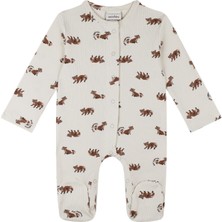 Antebies Organik Bej Rakun Desenli Çıtçıtlı Uzun Kollu Erkek Bebek Patikli Tulum