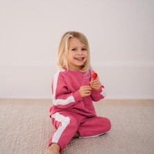 Antebies Organik Pembe Beyaz Beli Lastikli Bağcıklı Manşetli Kız Bebek Sweatshirt Eşofman Takımı