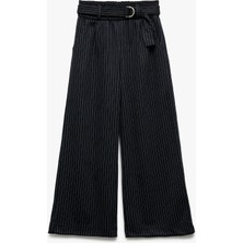 Kemer Detaylı Rahat Kesim Çizgili Geniş Paça Pantolon