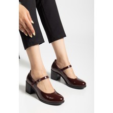 Kadın Hakiki Deri Bantlı Topuklu Ayakkabı - Bordo Rugan