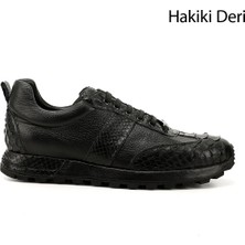 GÖNDERİ Erkek Siyah Baskılı  Bağcıklı Hakiki Deri Comfort Sneaker