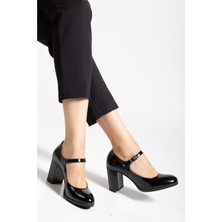 Kadın Hakiki Deri Bantlı Topuklu Ayakkabı  - Siyah Rugan