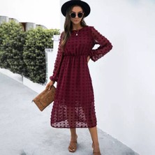 Mottisfashion Kadın Uzun Kollu Astar Detay Fırsat Ürün Ponpon Şifon Elbise