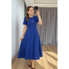 Mottisfashion Kadın Kısa Kollu Bisiklet Yaka Maksi Boy Ithal Krep Elbise