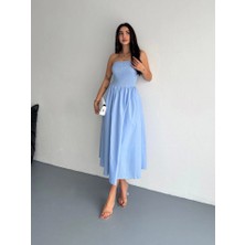 Mottisfashion Straplez Pileli Elbise - Açık Mavi